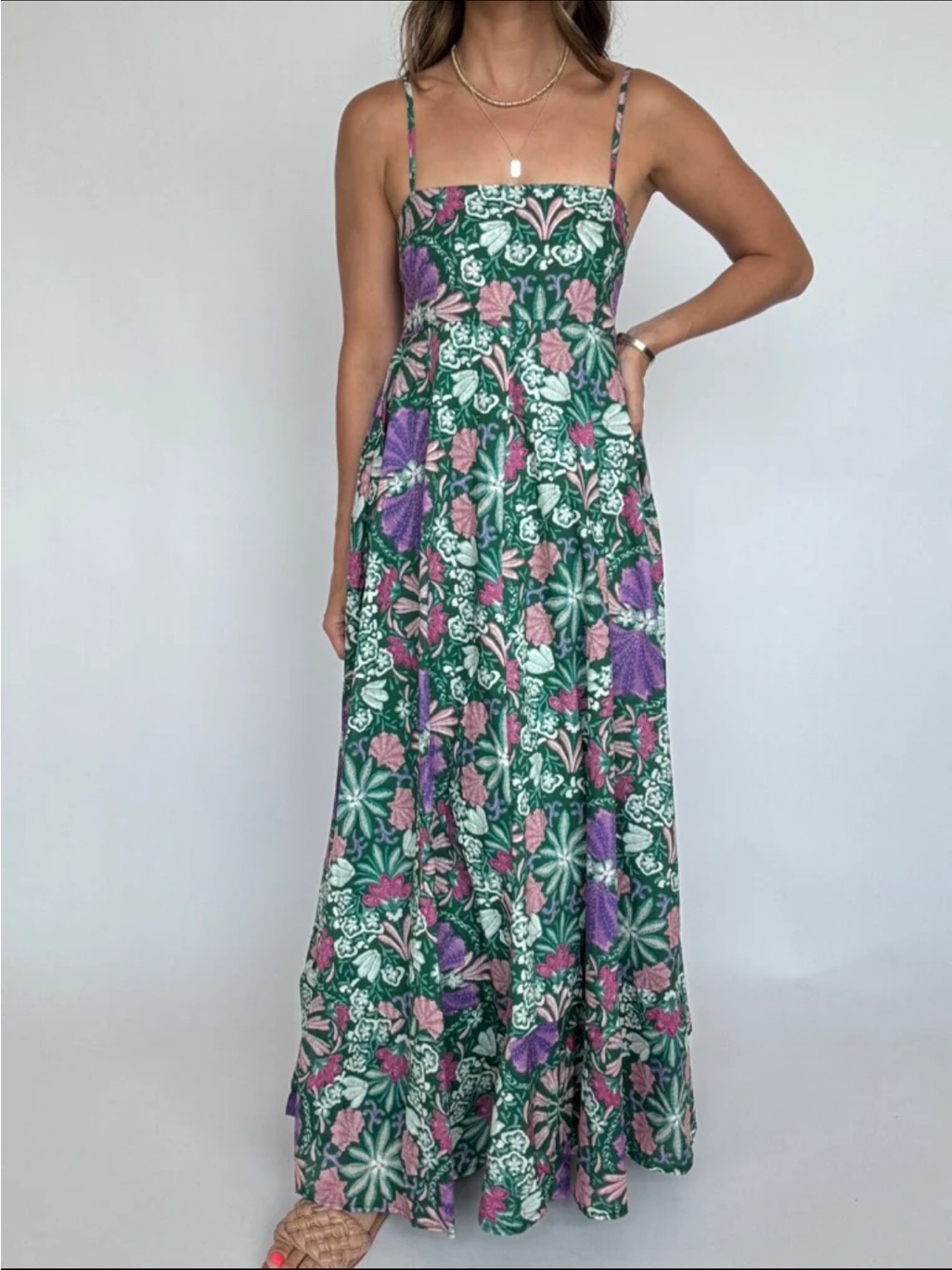 Jolie Green Floral Maxi Dress With Pink & Purple Accents (Size L)
